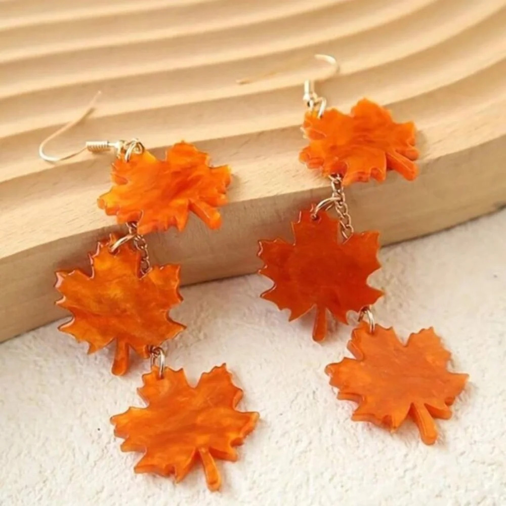 Autumn fall festive orange yellow fallen leaves ladies dangle drop earrings